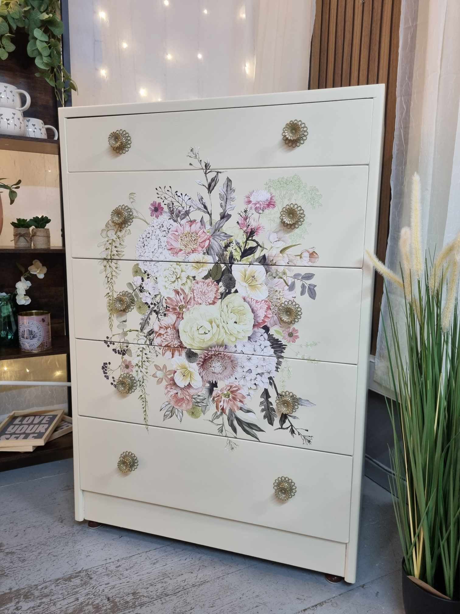 Floral chest of drawers Daffodil handles - furniture transfer - hand painted furniture - A Twist of Somerset - commission painting