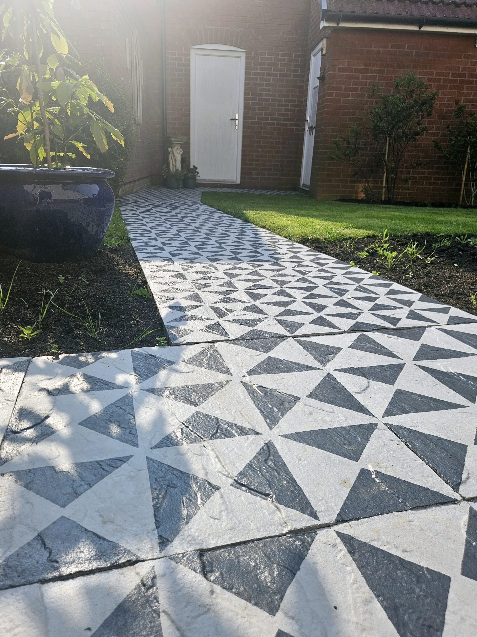 stencilled geometric print patio makeover - grey and navy blue - garden - hand painted - A Twist of Somerset - painting commission