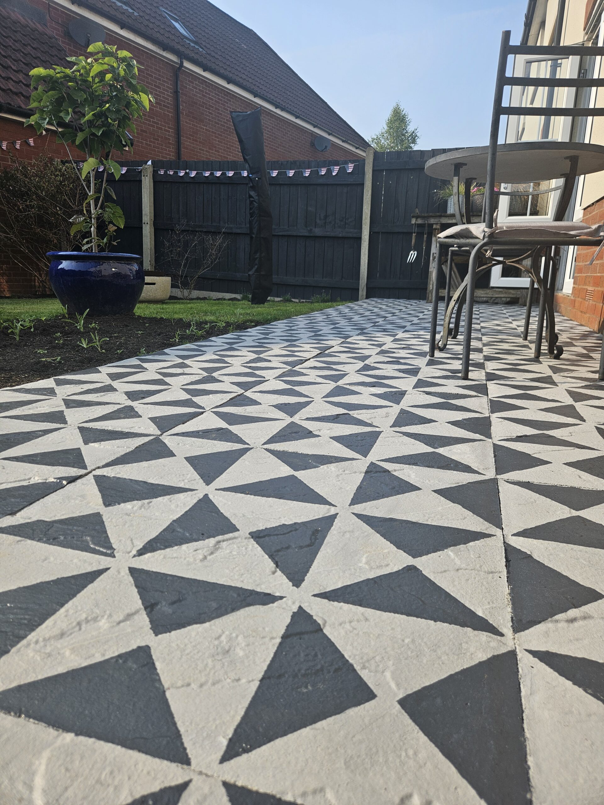 stencilled geometric print patio makeover - grey and navy blue - garden - hand painted - A Twist of Somerset - painting commission