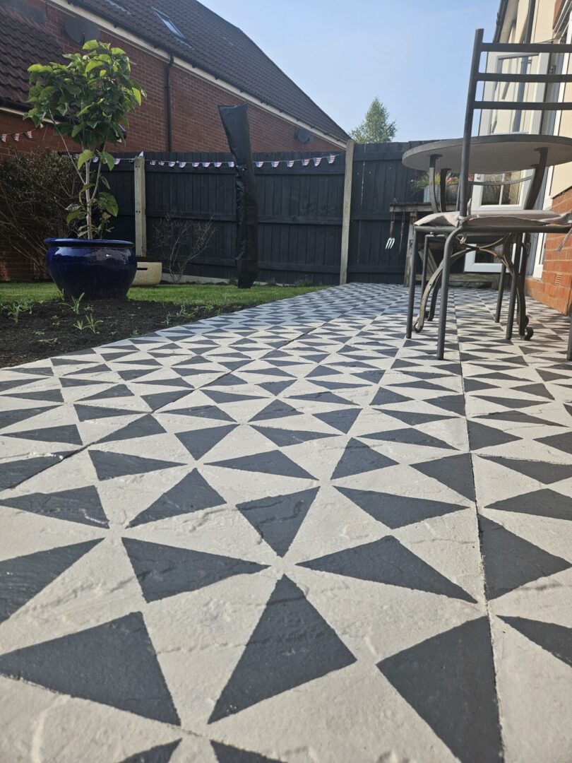 stencilled geometric print patio makeover - grey and navy blue - garden - hand painted - A Twist of Somerset - painting commission