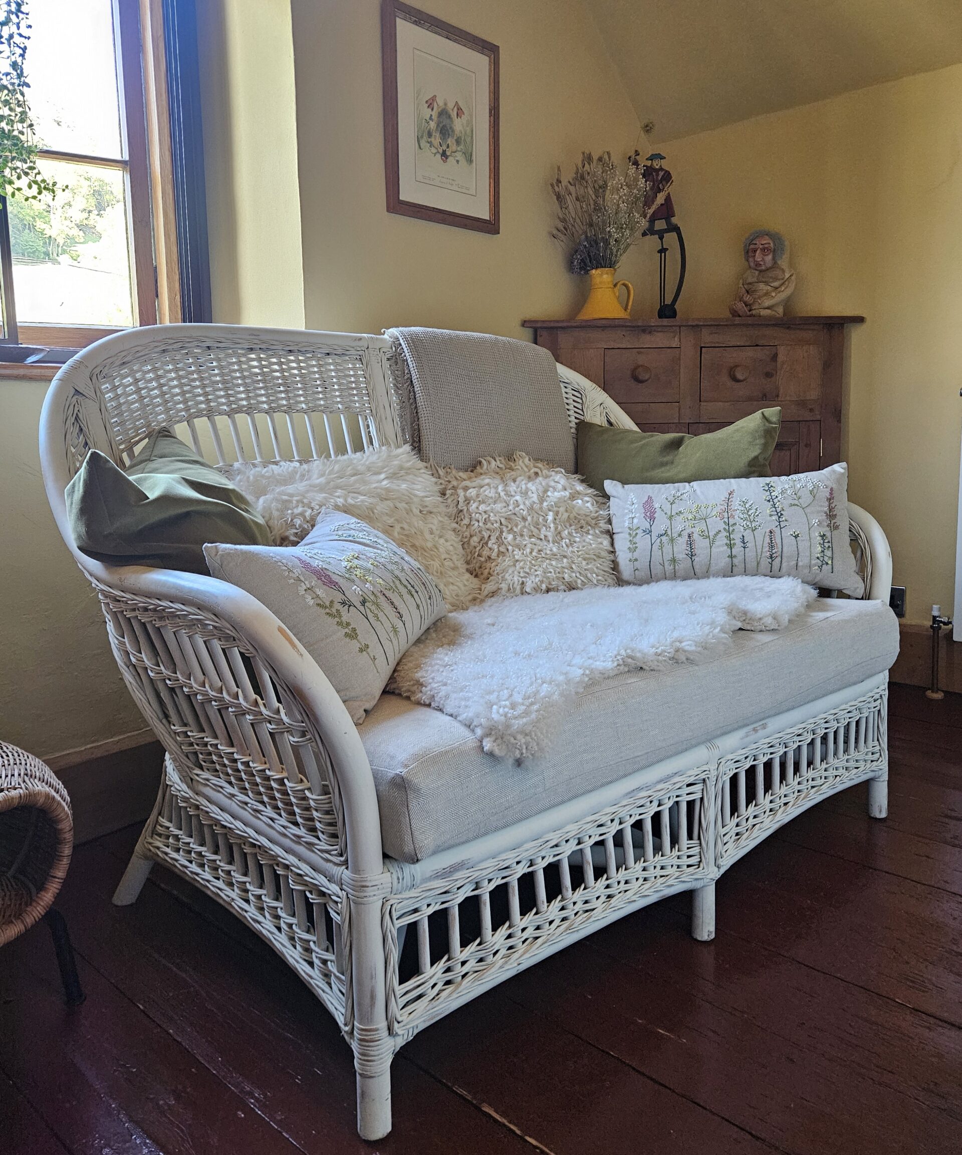 cane wicker sofa - farmhouse - cream - white - hand painted furniture - A Twist of Somerset - painting commission