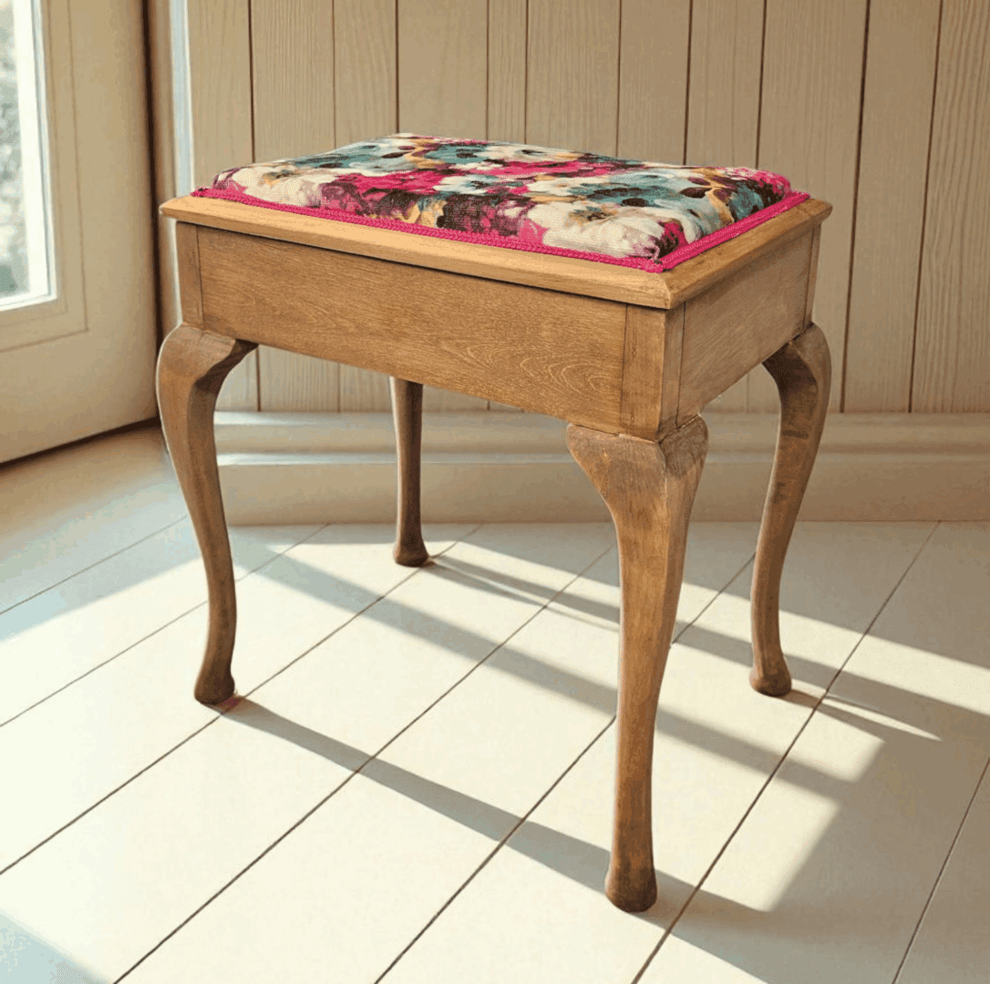 piano stool - sanded - waxed - upholstered - country cottage - hand painted furniture - A Twist of Somerset - painting commission