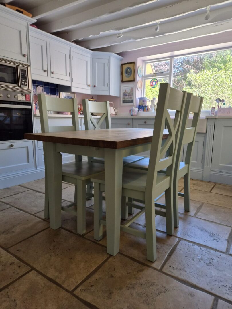 farmhouse table and chairs - aquamarine mid hand painted furniture - A Twist of Somerset - commission painting