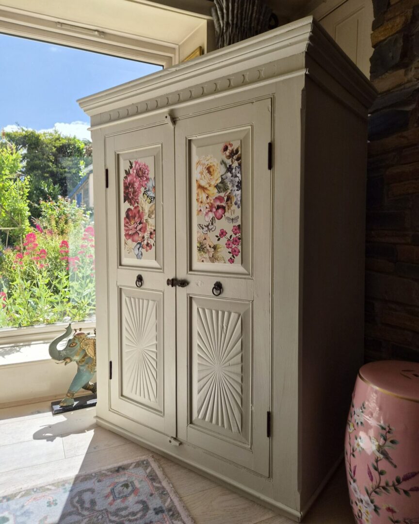 carved wood tv cabinet - portland stone - floral transfer - hand painted furniture - A Twist of Somerset - commission painting