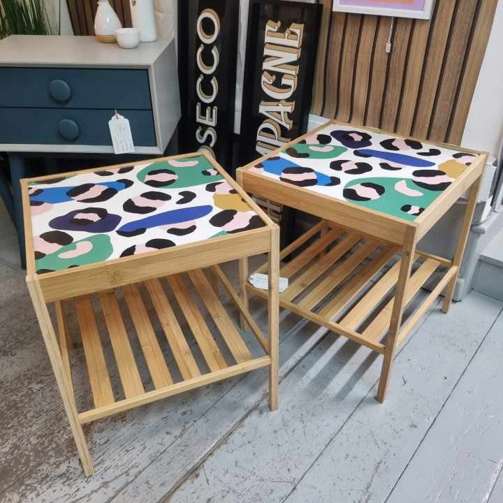 Leopard print bamboo tables