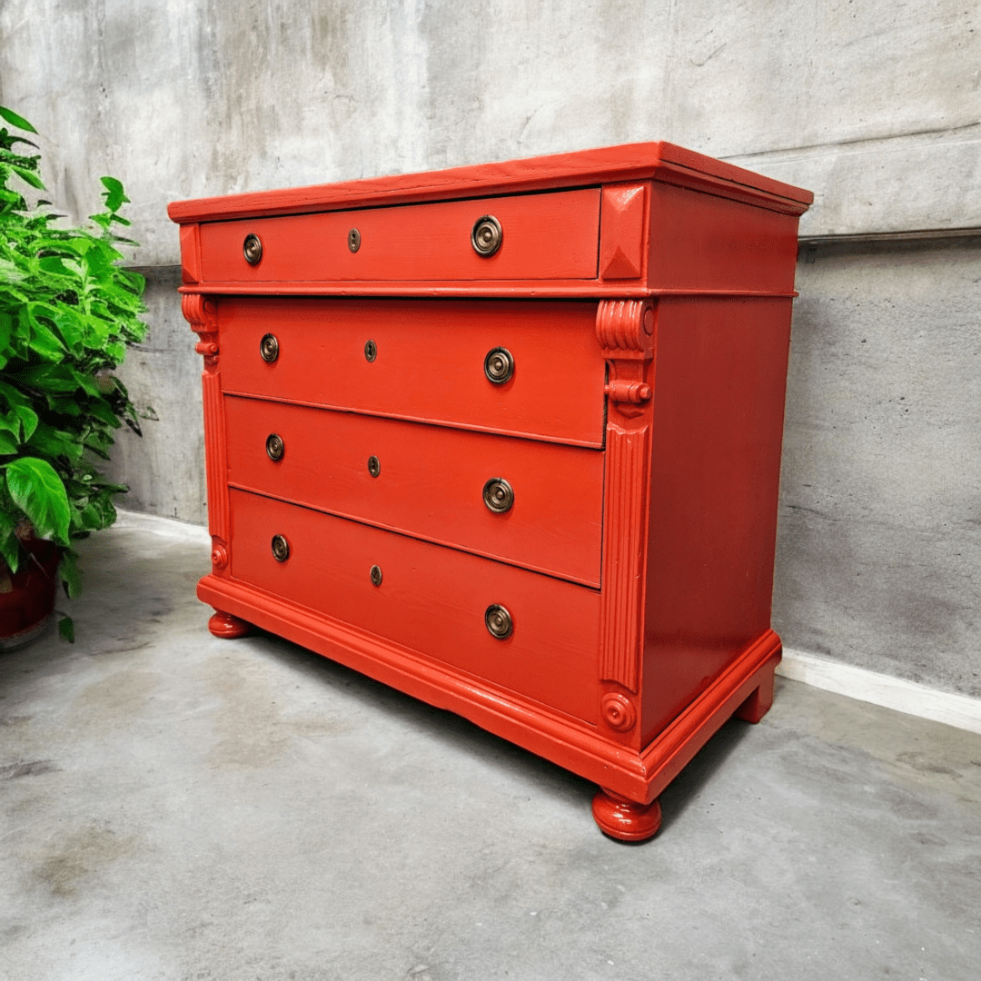 vermilion chest of drawers - orange - red - hand painted furniture - A Twist of Somerset - painting commission