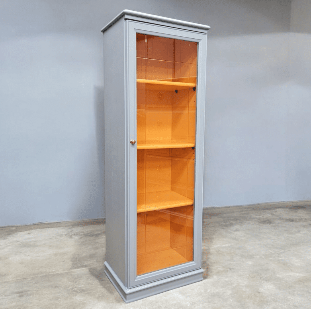 glass fronted bookcase - grey - blue - orange - hand painted furniture - A Twist of Somerset - painting commission