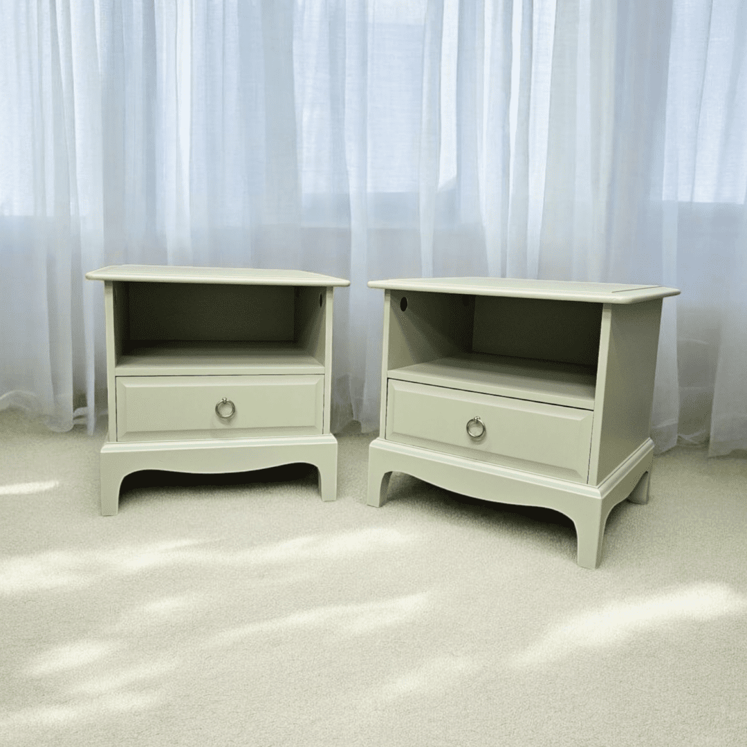 pair of stag bedside tables - boringdon green - sage - hand painted furniture - A Twist of Somerset - painting commission