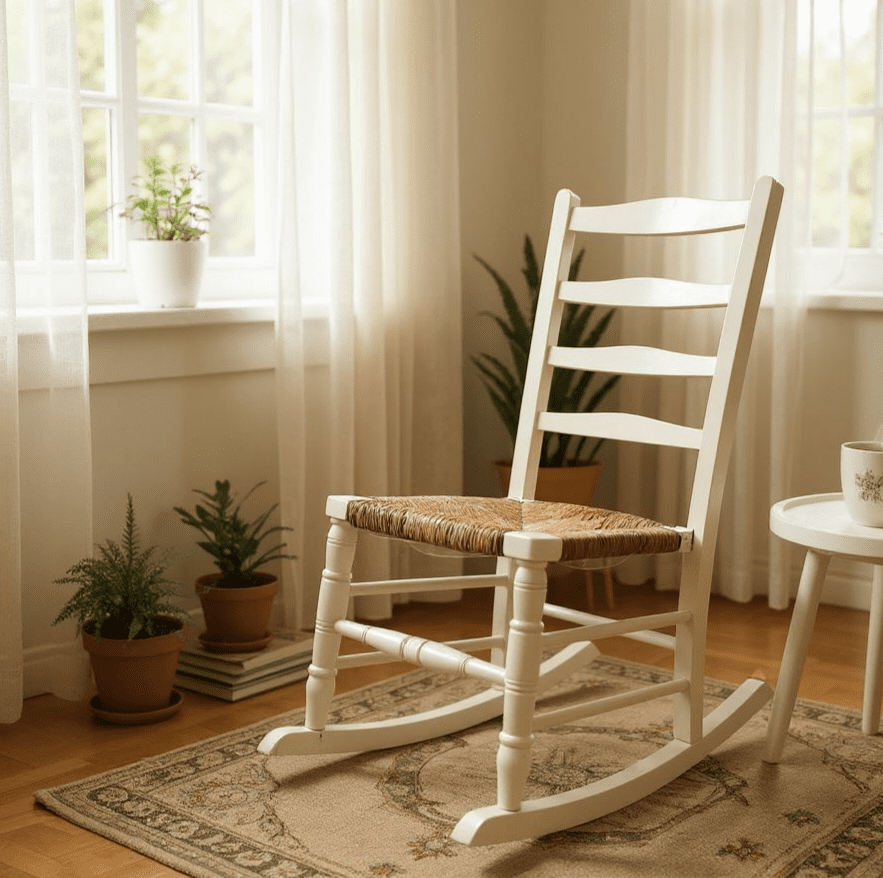 Slaked Lime - white nursery rocking chair with rush seat - hand painted furniture - A Twist of Somerset - commission painting