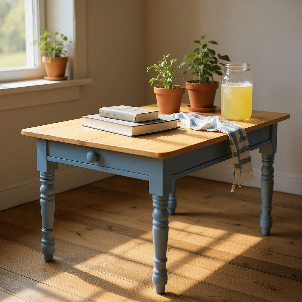 grey stone - pale blue - farmhouse kitchen table with drawer - rustic - hand painted furniture - A Twist of Somerset - commission painting