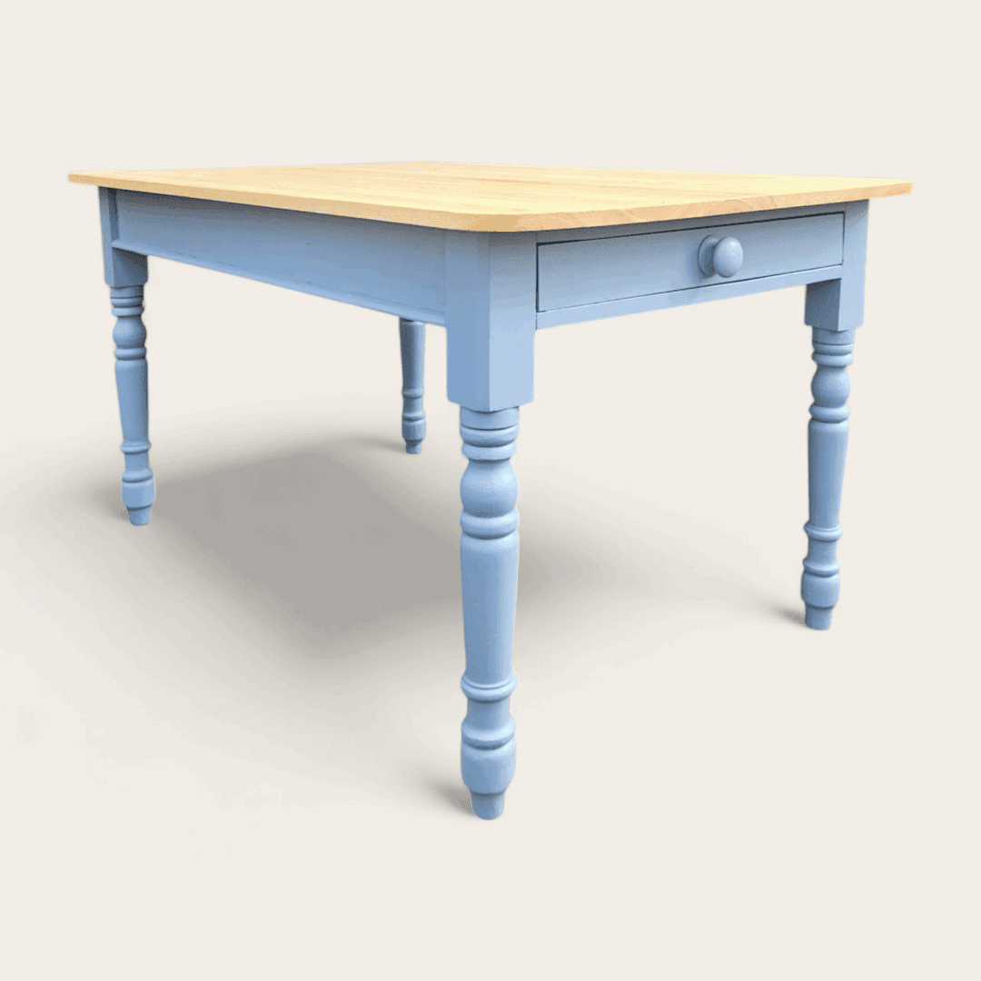 grey stone - pale blue - farmhouse kitchen table with drawer - rustic - hand painted furniture - A Twist of Somerset - commission painting