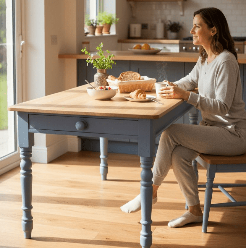 grey stone - pale blue - farmhouse kitchen table with drawer - rustic - hand painted furniture - A Twist of Somerset - commission painting