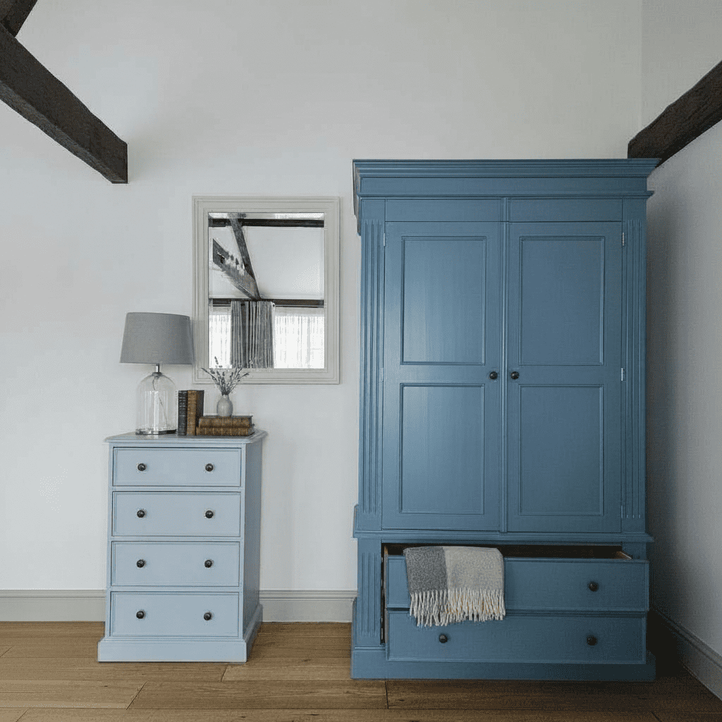 Etruria and Bone China Blue - blue - farmhouse pine wardrobe- cabinet - chest of drawers - hand painted furniture - A Twist of Somerset - commission painting