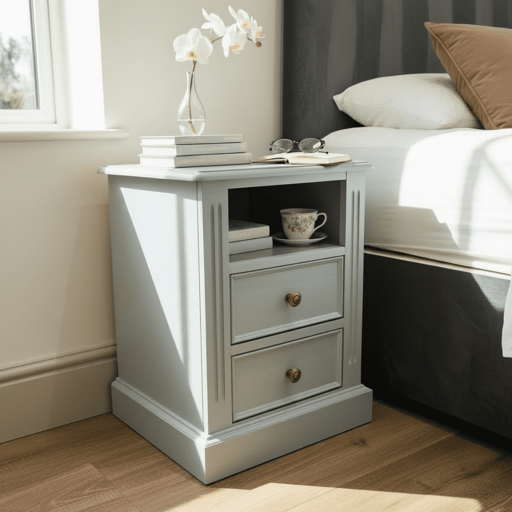 Pearl colour dark - grey - farmhouse pine bedside table - hand painted furniture - A Twist of Somerset - commission painting