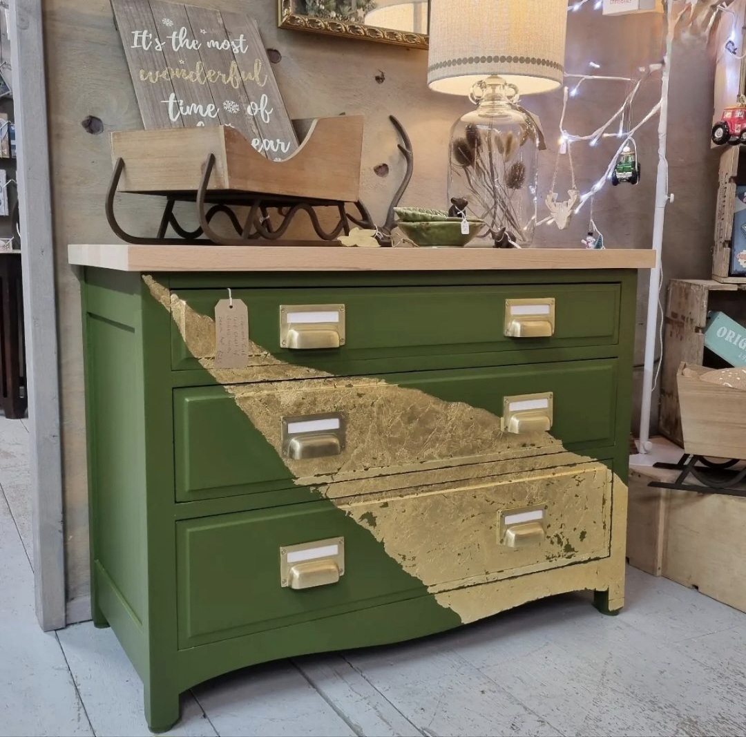 olive green and gold leaf chest of drawers
