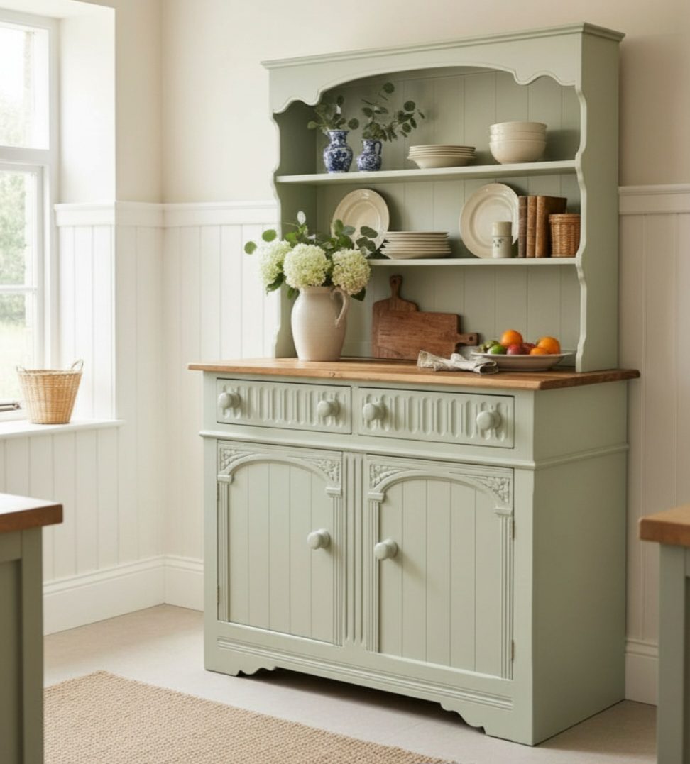 kitchen green - old charm oak welsh dresser- farmhouse - rustic - hand painted furniture - A Twist of Somerset - commission painting